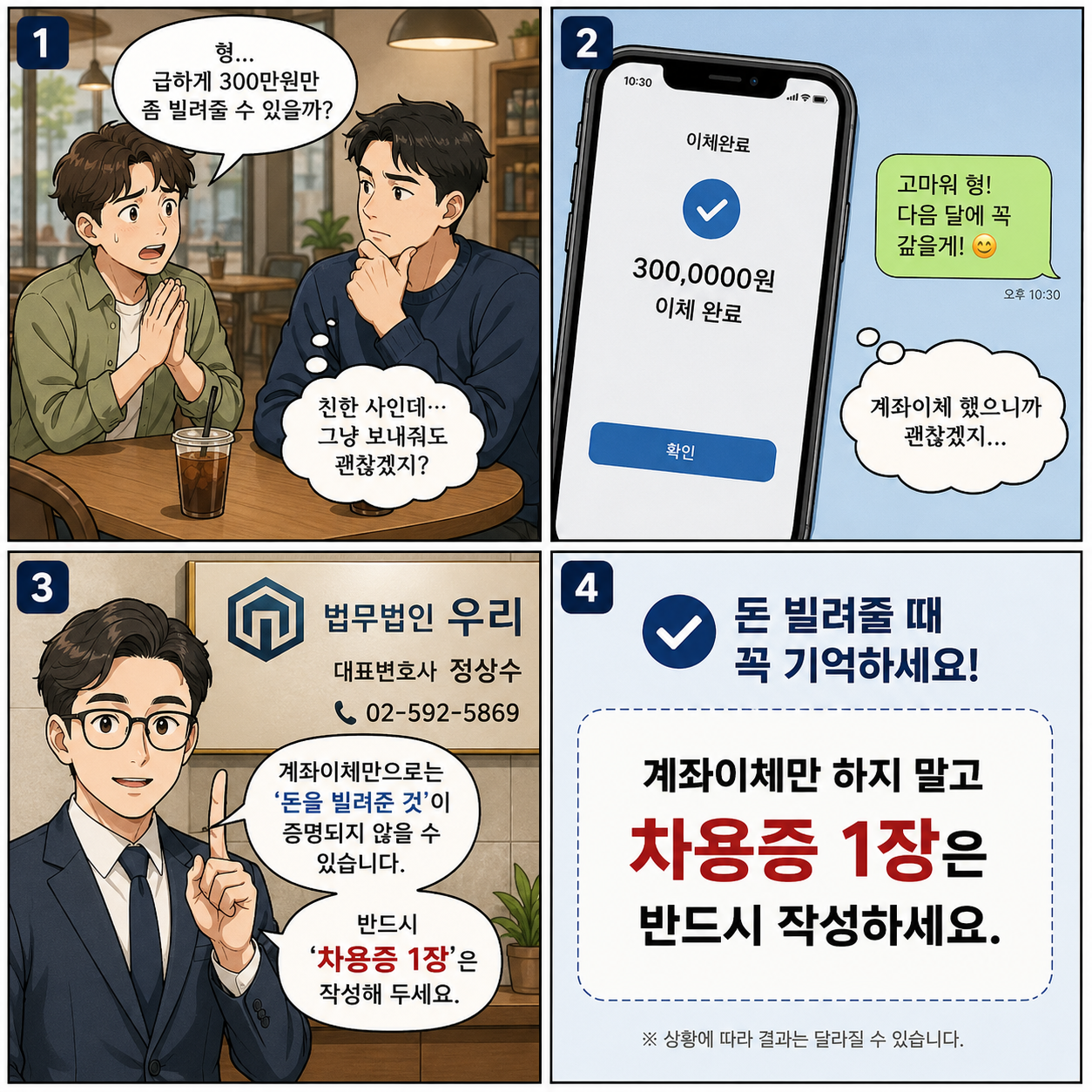 돈 빌려줄 때 차용증 1장은 반드시 작성하세요 - 법무법인 우리 정상수 변호사 법률만화