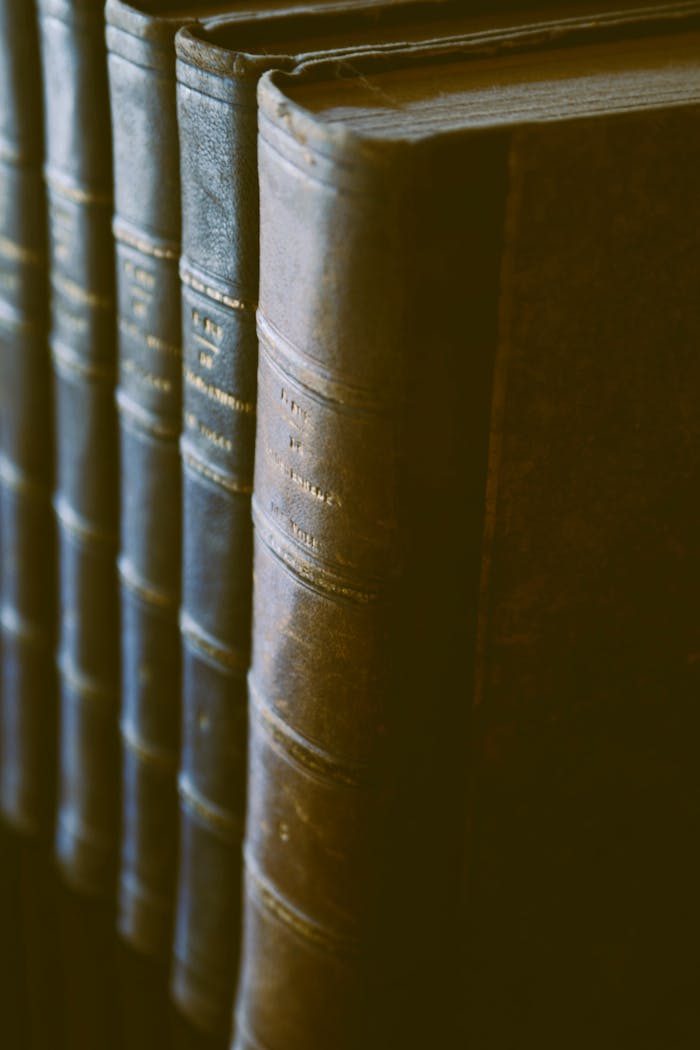 Close-up of vintage leather-bound books with elegant gold text.