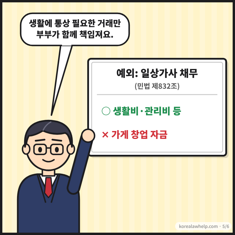 5컷: 변호사가 화이트보드로 일상가사 채무(민법 제832조)의 예외를 설명하는 장면